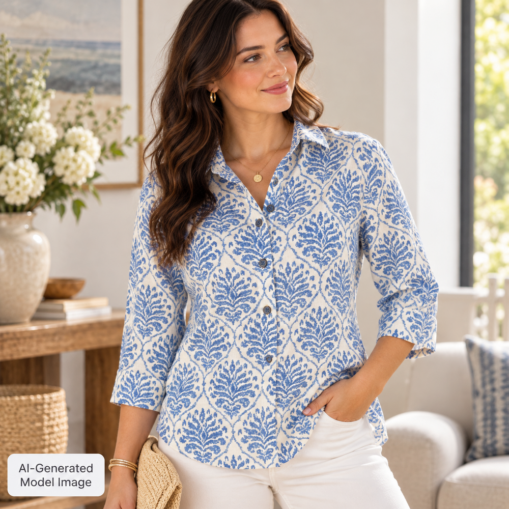 J McLaughlin Shirt Womens Small Blue White Floral Court Polo Soft Cotton Stretch
